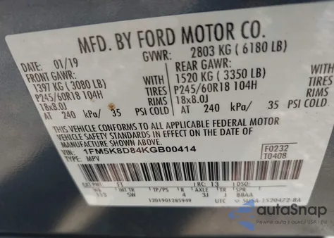 2019 Ford Explorer Xlt из США, поврежденный, VIN 1FM5K8D84KGB00414